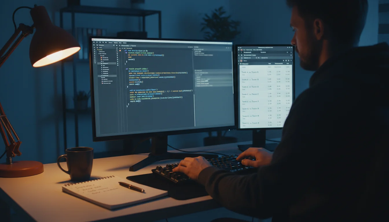 Programmierer vor einem Bildschirm mit Code und Sportwetten-Daten