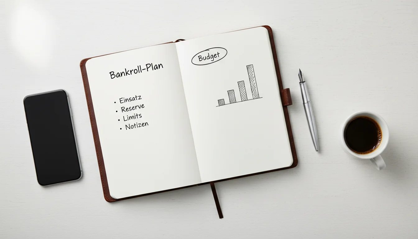 Notizbuch mit Wettbudget-Planung und Stift auf einem Schreibtisch