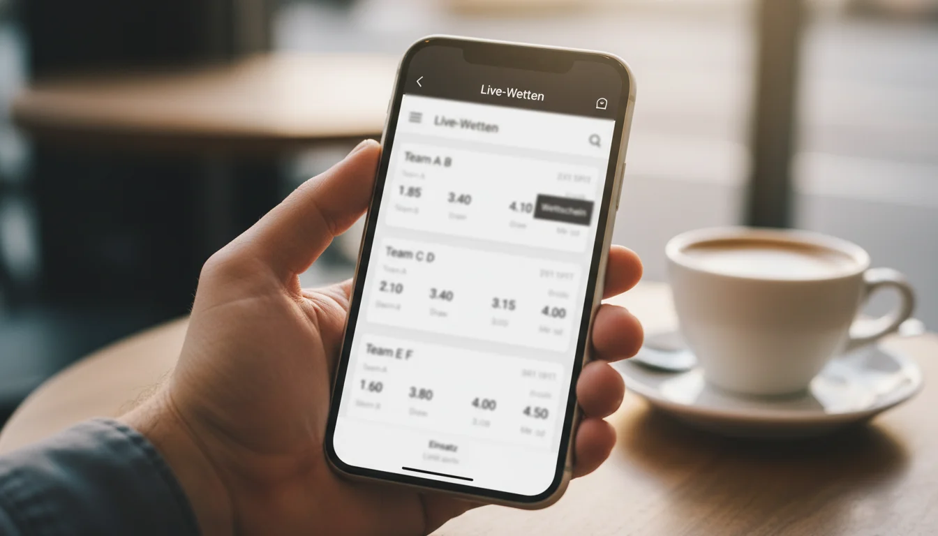 Smartphone mit geöffneter Sportwetten-App neben einer Kaffeetasse auf einem Tisch