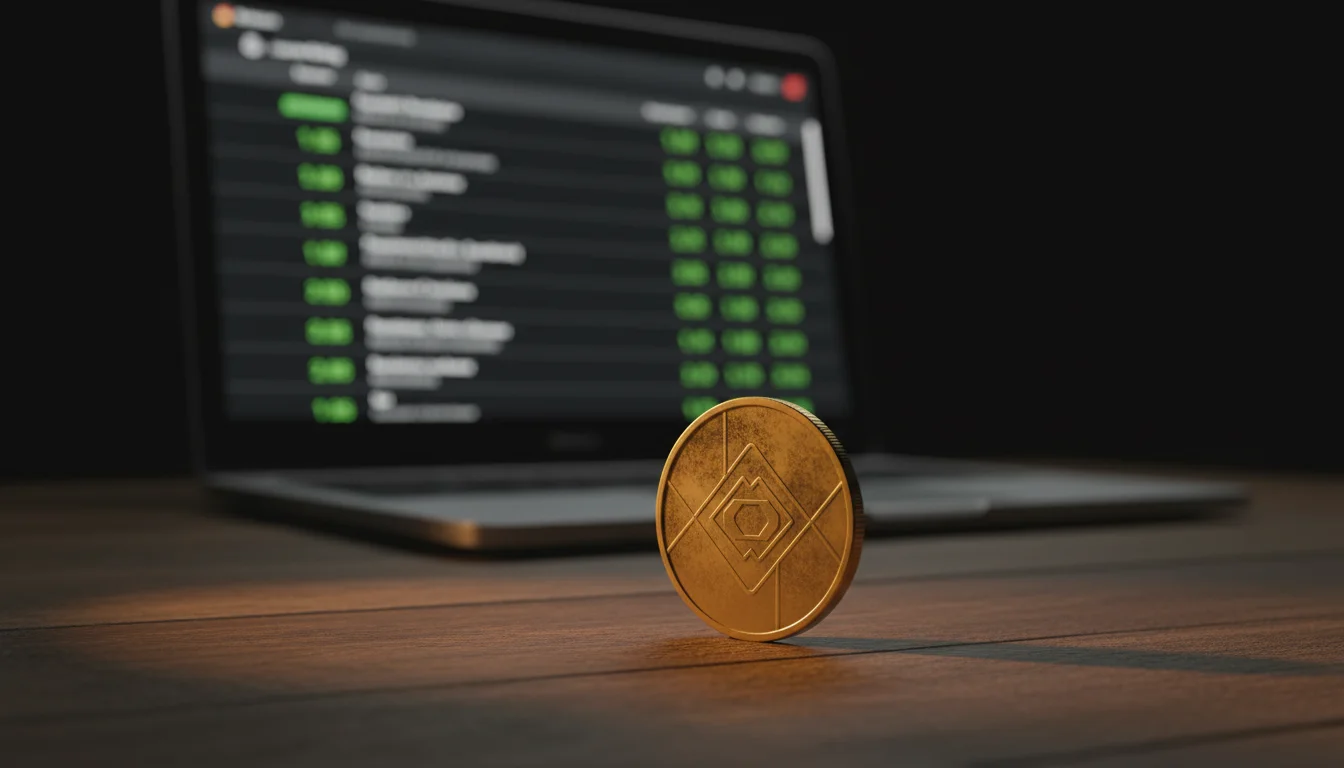 Bitcoin-Münze auf einem Laptop mit Sportwetten-Bildschirm in stimmungsvollem Licht