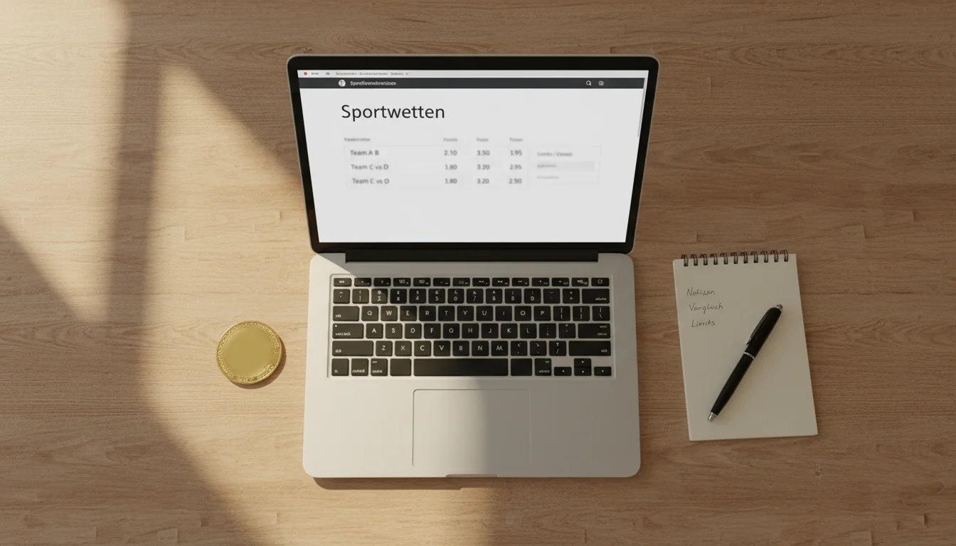 Laptop mit Sportwetten-Seite und Bitcoin-Münze auf einem Schreibtisch