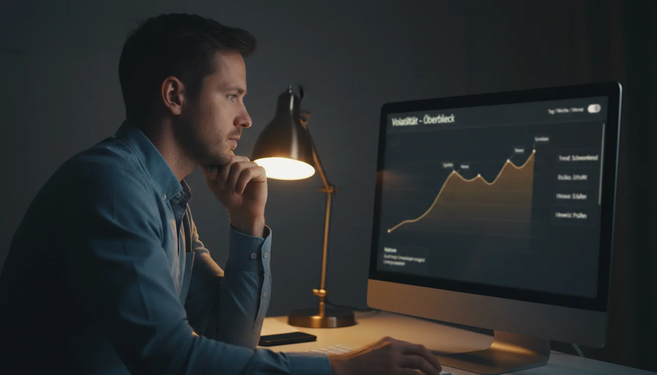 Nachdenklicher Mann analysiert Kursverlauf auf dem Bildschirm